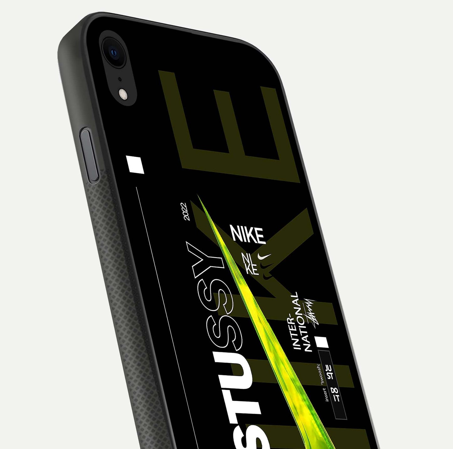 Neon Street Edition Glass Case for iPhone Xr close-up angled shot showing urban neon lights and shine