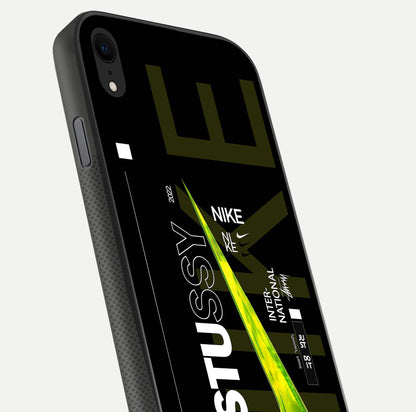 Neon Street Edition Glass Case for iPhone Xr close-up angled shot showing urban neon lights and shine