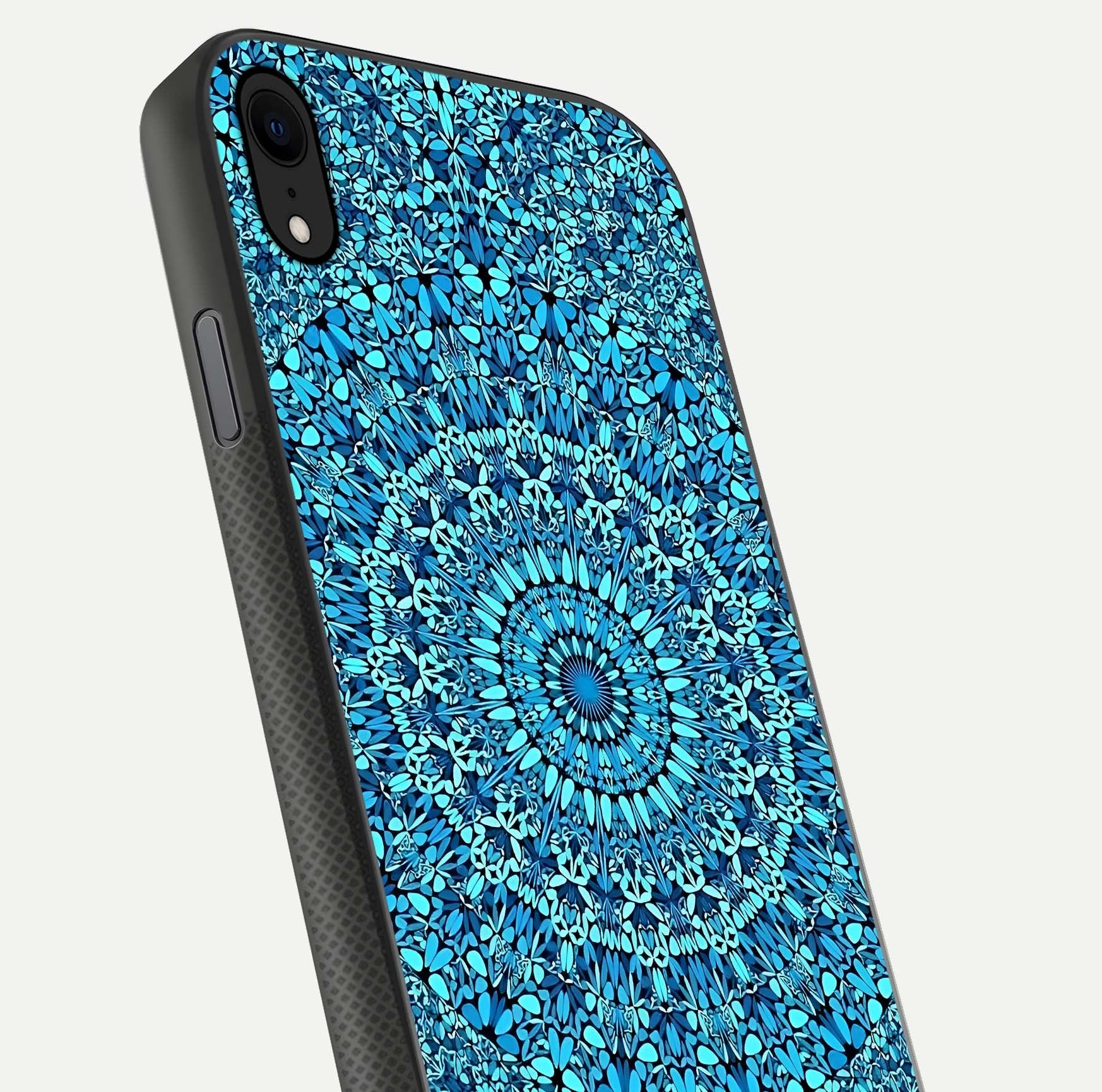 Ocean Bloom Mandala Glass Case for iPhone Xr close-up angled shot highlighting detailed mandala and reflection