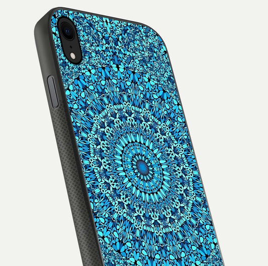 Ocean Bloom Mandala Glass Case for iPhone Xr close-up angled shot highlighting detailed mandala and reflection
