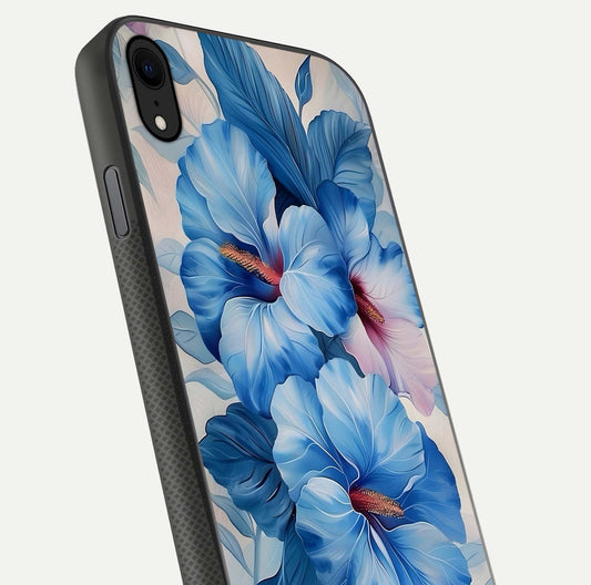 Ocean Hibiscus Grace Glass Case for iPhone Xr close-up angled shot highlighting floral glow and HD shine