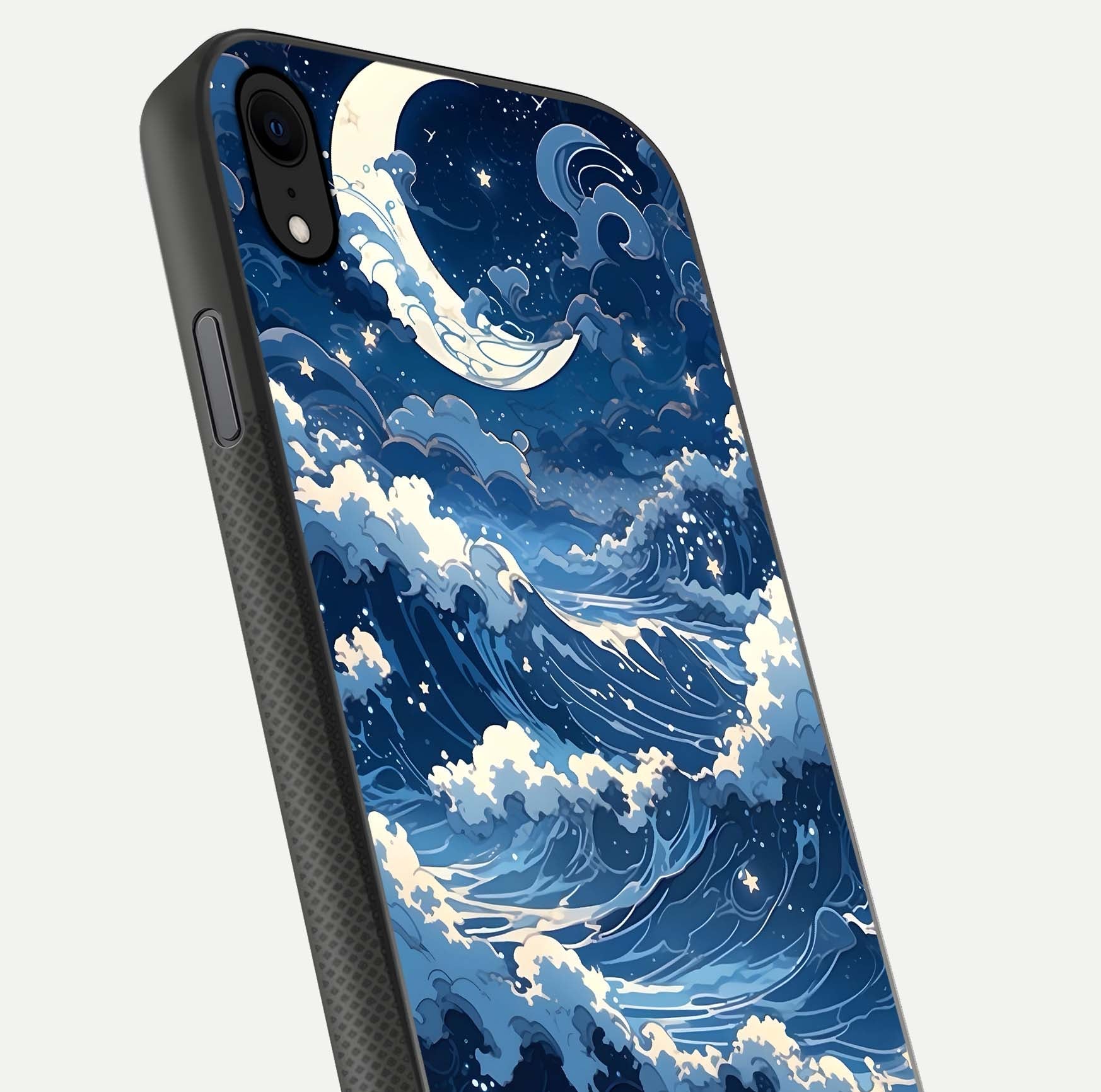 Ocean Moon Waves Glass Case for iPhone Xr close-up angled shot showing HD reflection and calm tones