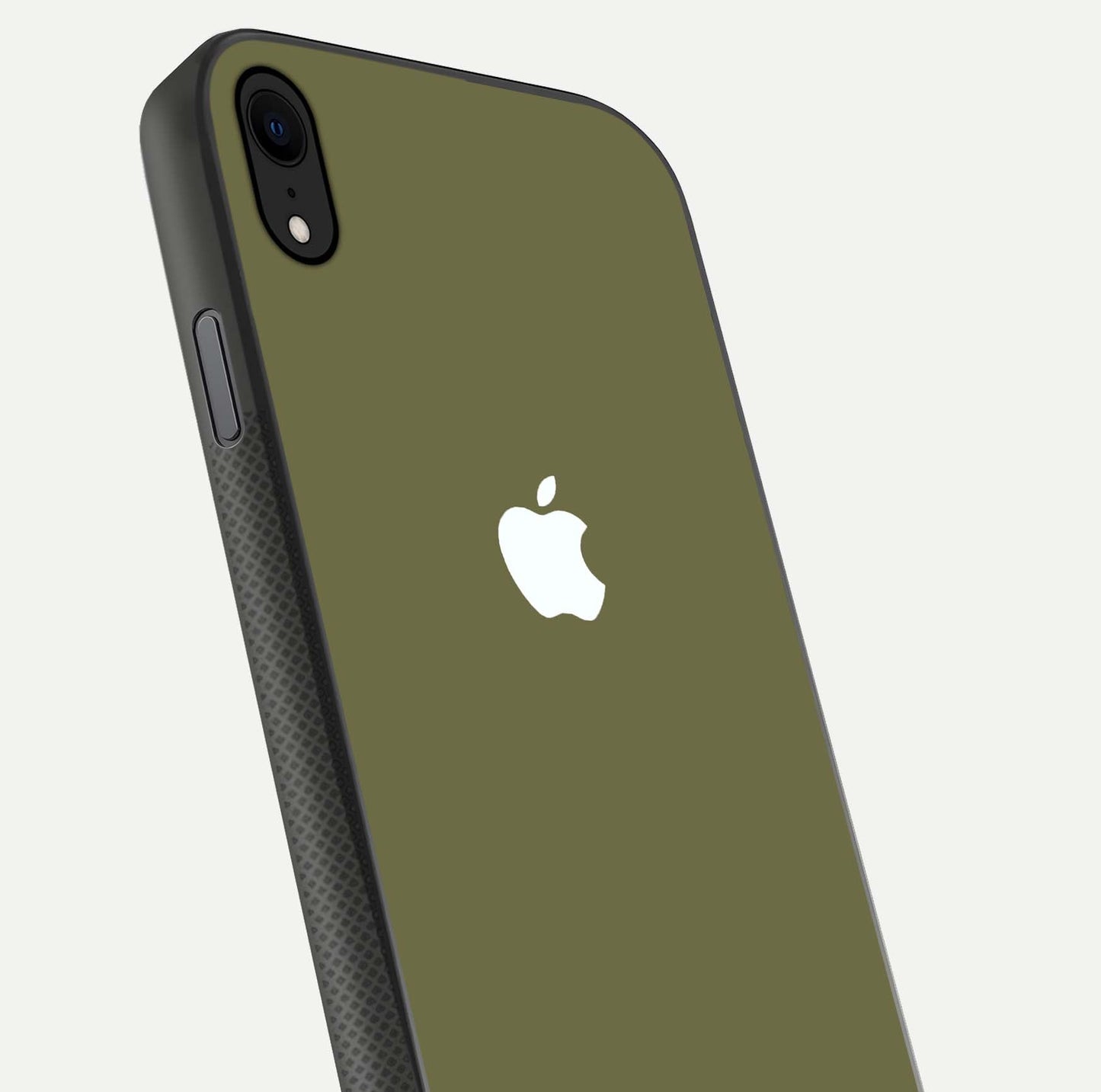 Olive Matte Essence Glass Case for iPhone Xr close-up angled shot showing soft reflection and minimal finish