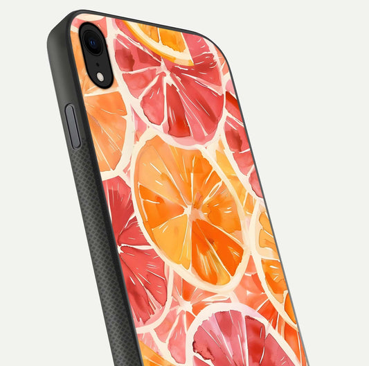 Orange Fruits Pattern Glass Case for iPhone Xr close-up angled shot showing juicy fruit texture and reflection