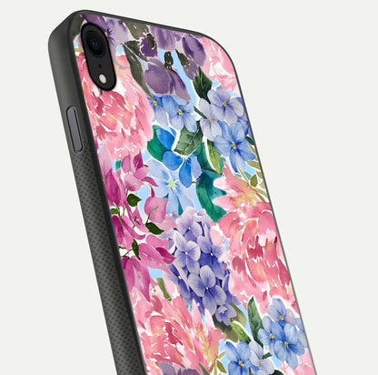 Pastel Floral Mix Glass Case for iPhone Xr close-up angled shot highlighting flower detail and reflection