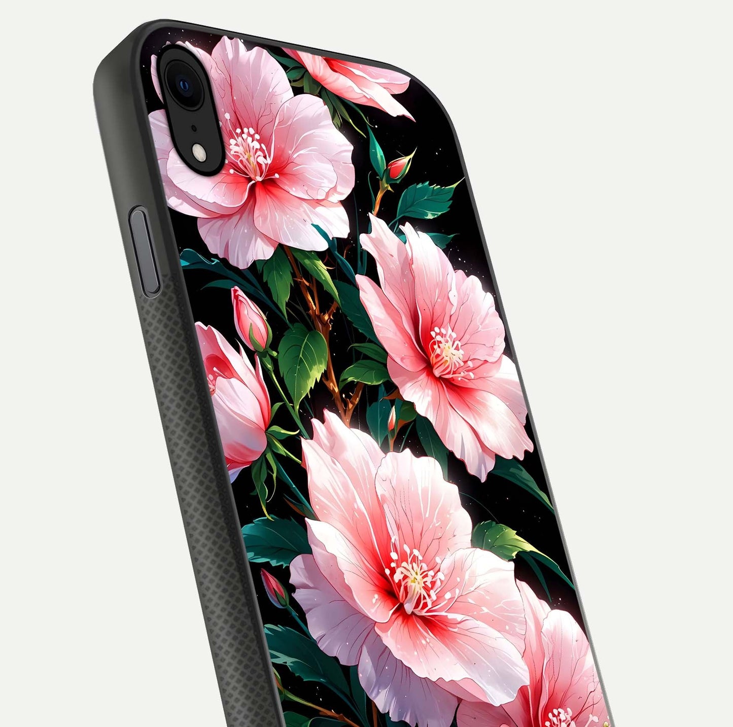 Peach Flower Glass Case for iPhone Xr close-up angled shot highlighting floral petals and HD glass reflection