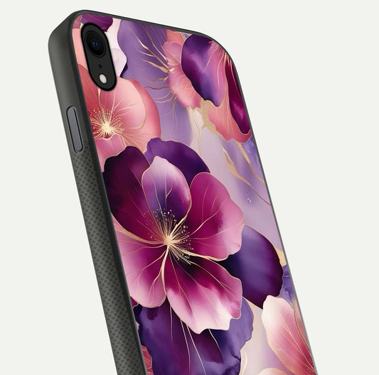 Pink Bouquet Florals Glass Case for iPhone Xr close-up angled shot showing bouquet details and reflection