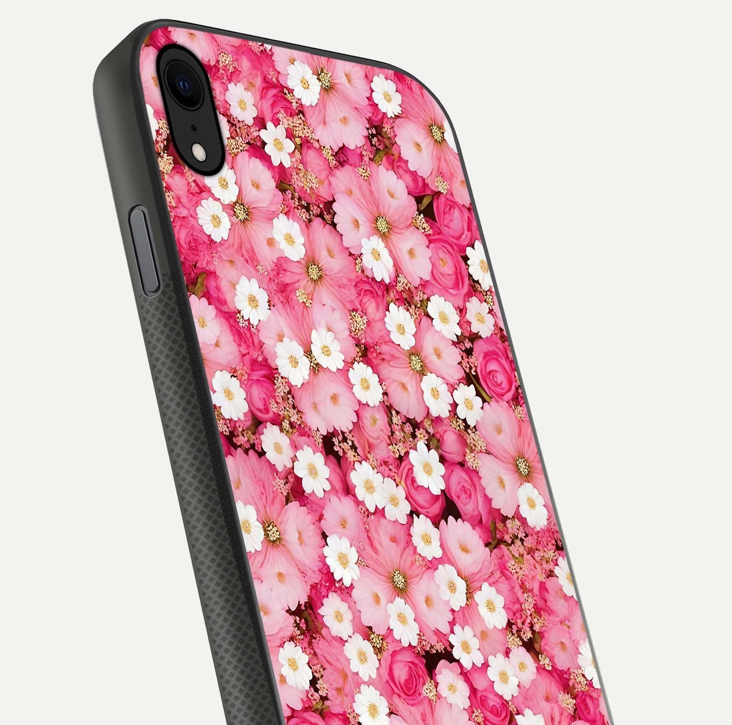 Pink Daisy Bliss Glass Case for iPhone Xr close-up angled shot highlighting daisy detail and reflection glow