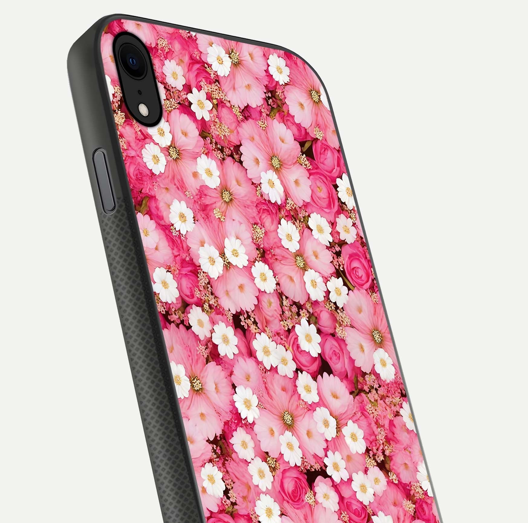 Pink Daisy Bliss Glass Case for iPhone Xr close-up angled shot highlighting daisy detail and reflection glow