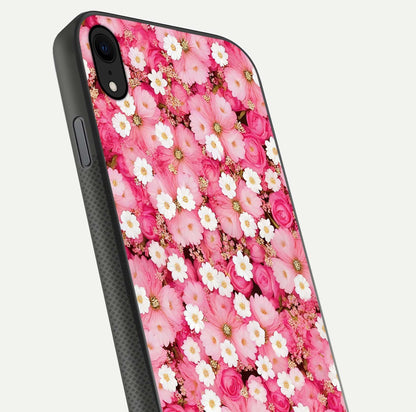 Pink Daisy Bliss Glass Case for iPhone Xr close-up angled shot highlighting daisy detail and reflection glow