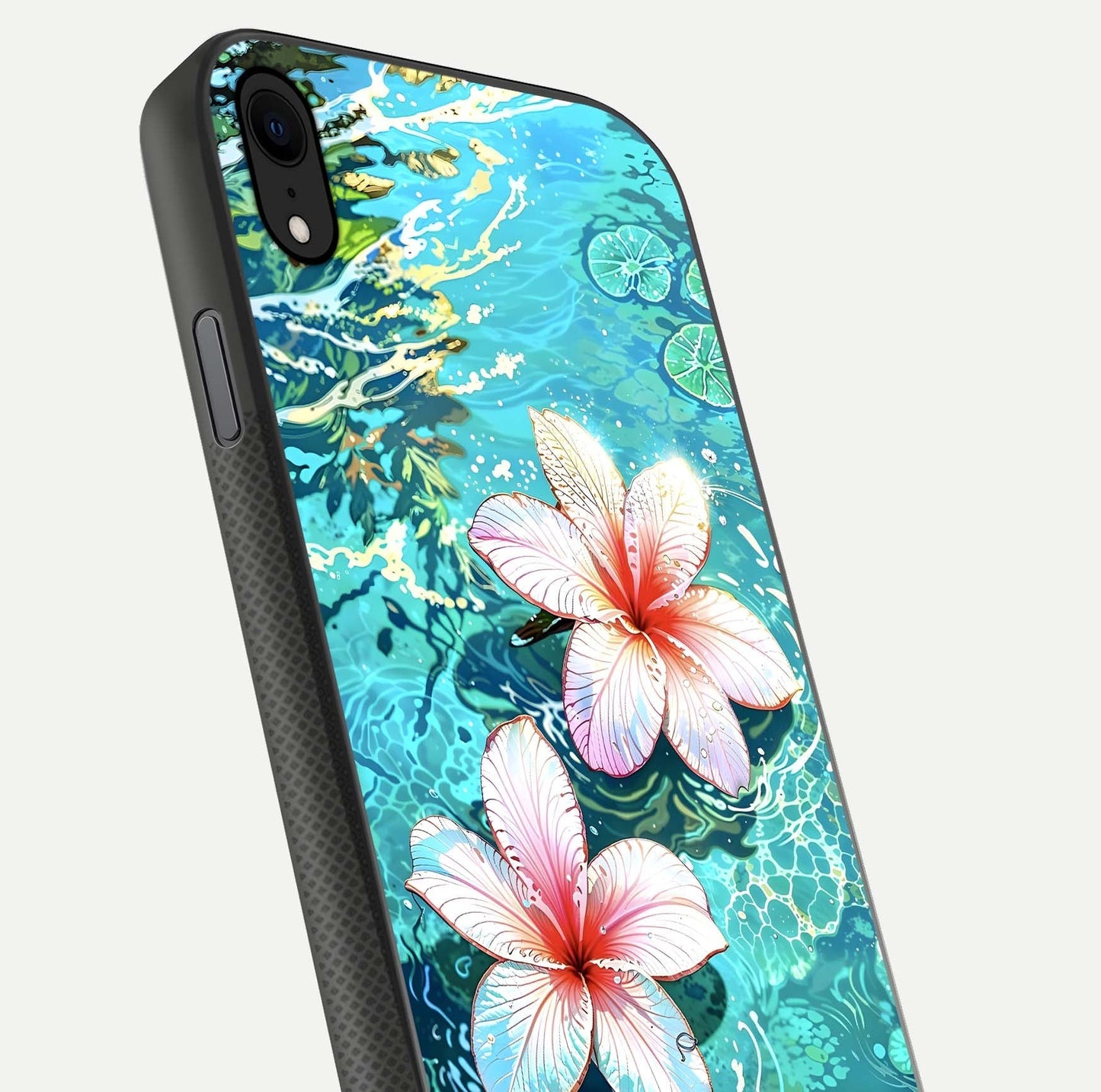 Pink Flowers in Water Glass Case for iPhone Xr close-up angled shot highlighting water ripple and reflection