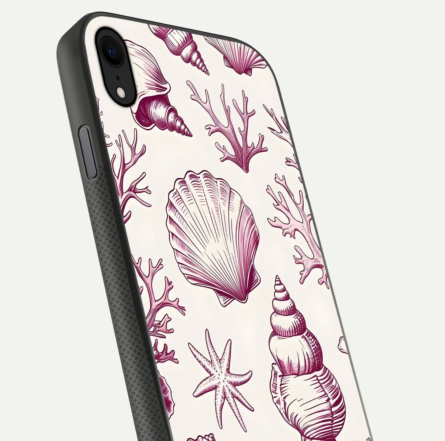 Pink Shells Outline Glass Case for iPhone Xr close-up angled shot showing fine shell lines and reflection