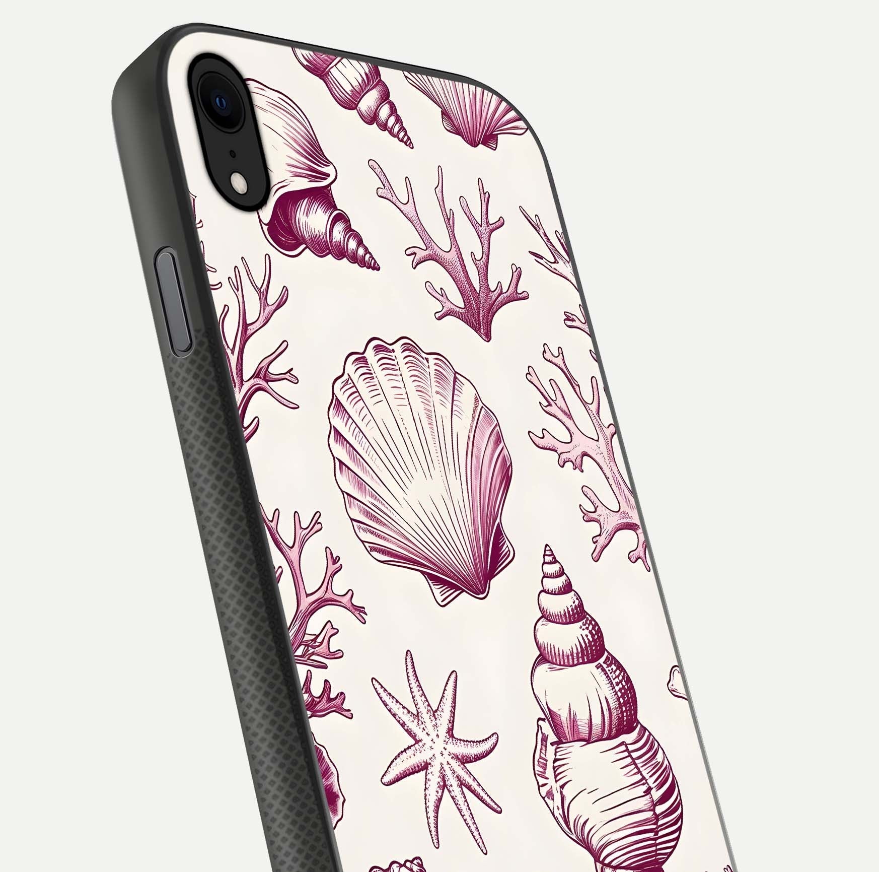 Pink Shells Outline Glass Case for iPhone Xr close-up angled shot showing fine shell lines and reflection