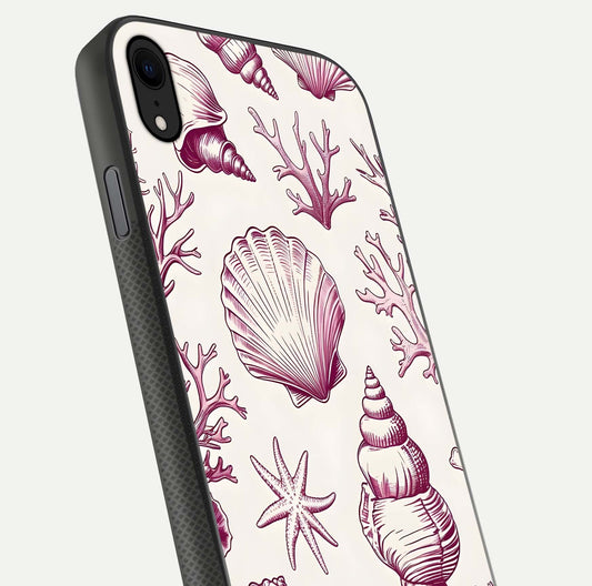 Pink Shells Outline Glass Case for iPhone Xr close-up angled shot showing fine shell lines and reflection
