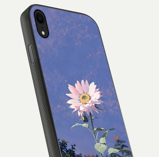 Pink Sunflower Glow Glass Case for iPhone Xr close-up angled shot highlighting petal texture and reflection