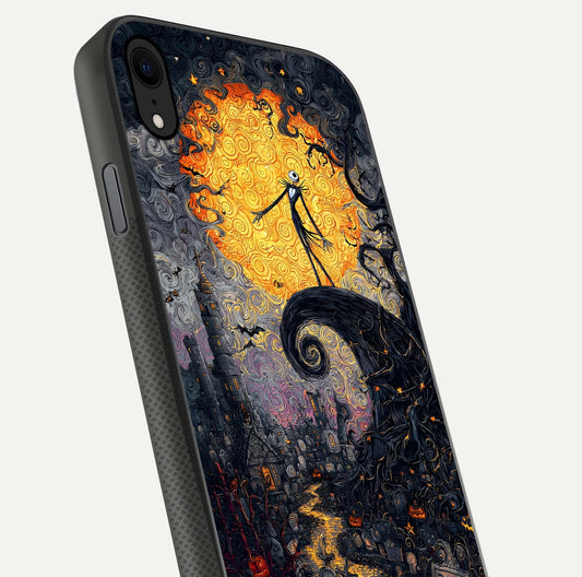 Pumpkin Moon Night Glass Case for iPhone Xr close-up angled shot showing moon reflection and Halloween glow