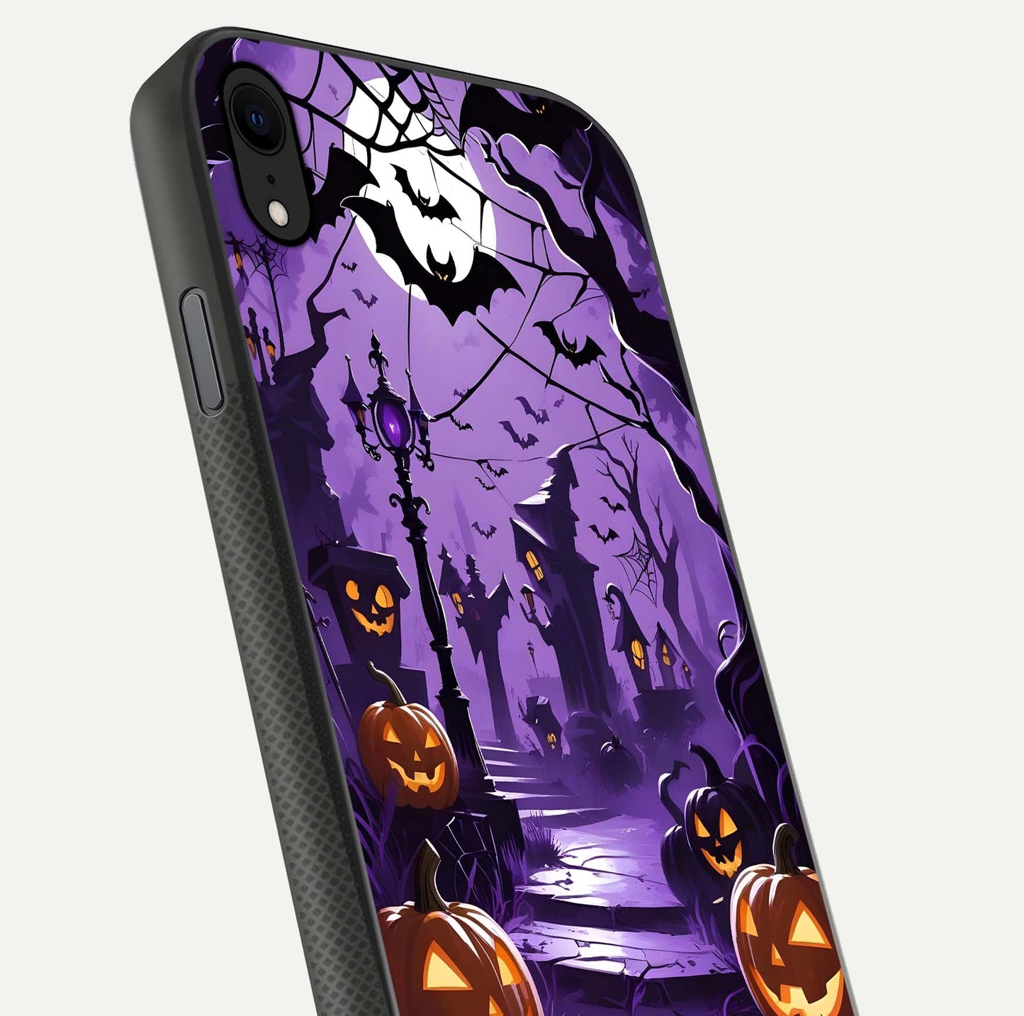 Pumpkin Patch Halloween Glass Case for iPhone Xr close-up angled shot highlighting pumpkin texture and shine
