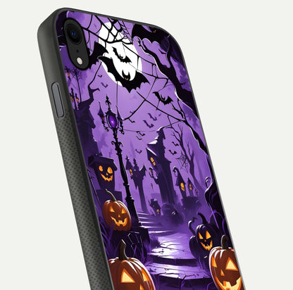 Pumpkin Patch Halloween Glass Case for iPhone Xr close-up angled shot highlighting pumpkin texture and shine