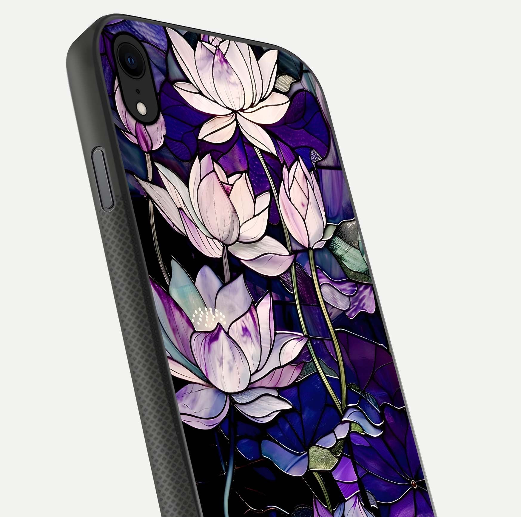 Purple Lotus Pattern Glass Case for iPhone Xr close-up angled shot showing petal texture and HD reflection