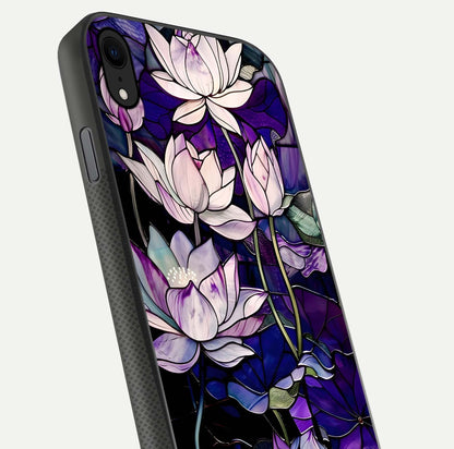 Purple Lotus Pattern Glass Case for iPhone Xr close-up angled shot showing petal texture and HD reflection