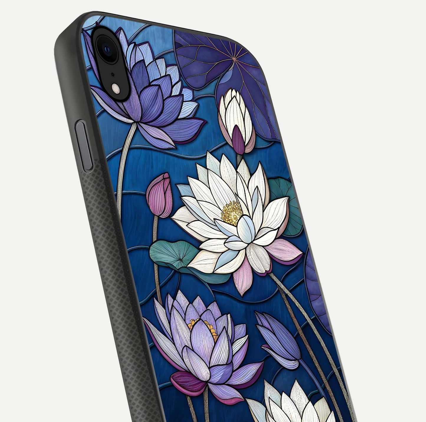 Purple Lotus Stained Glass Case for iPhone Xr close-up angled shot highlighting glass pattern and reflection