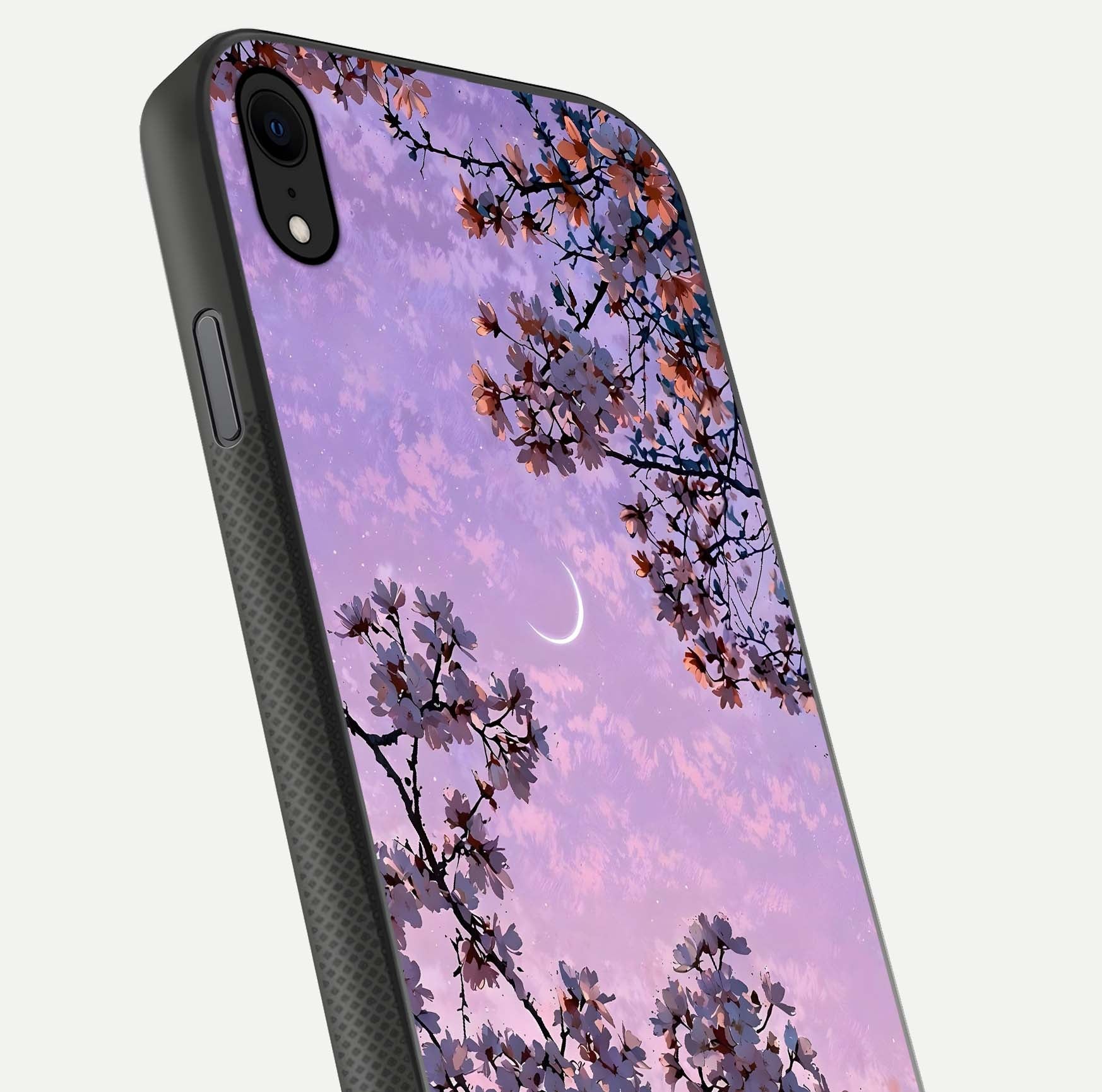 Purple Serenity Moon Glass Case for iPhone Xr close-up angled shot showing reflection and gradient purple hues