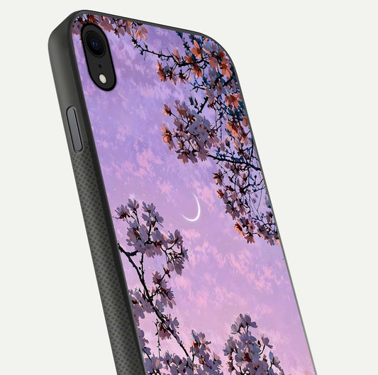 Purple Serenity Moon Glass Case for iPhone Xr close-up angled shot showing reflection and gradient purple hues
