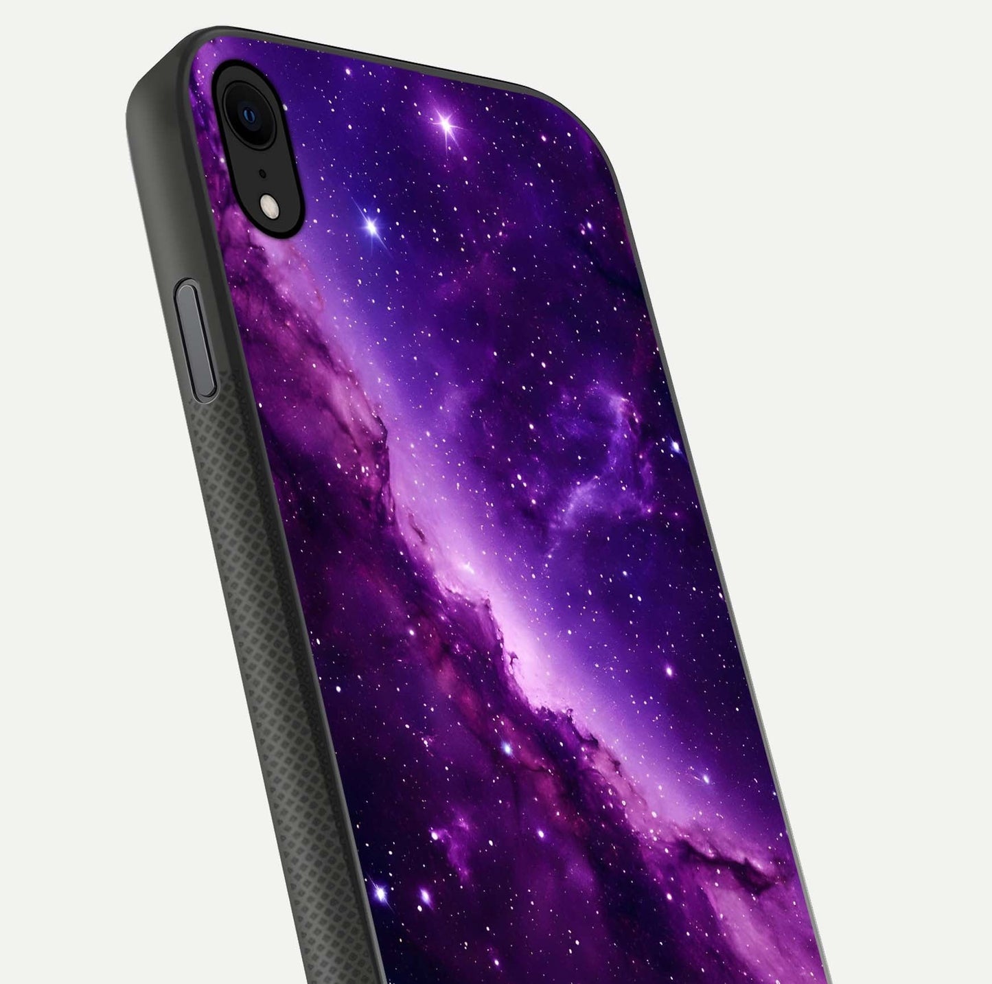 Purple Shade Sky Glass Case for iPhone Xr close-up angled shot highlighting color gradient and reflection
