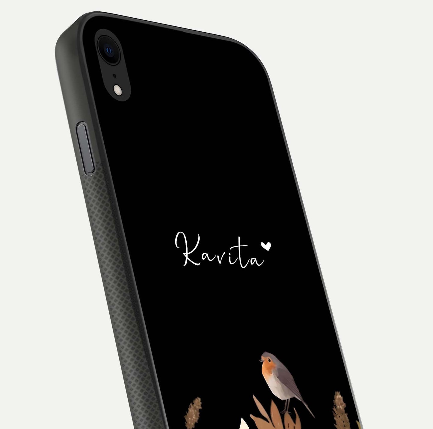 Quiet Garden Tune Custom Name Glass Case for iPhone Xr close-up angled shot showing soft tones and gloss reflection