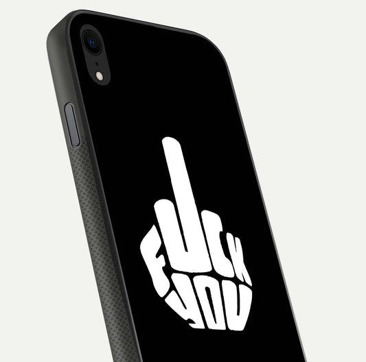 Rebel Mode On Glass Case for iPhone Xr close-up angled shot highlighting reflective text and sharp design