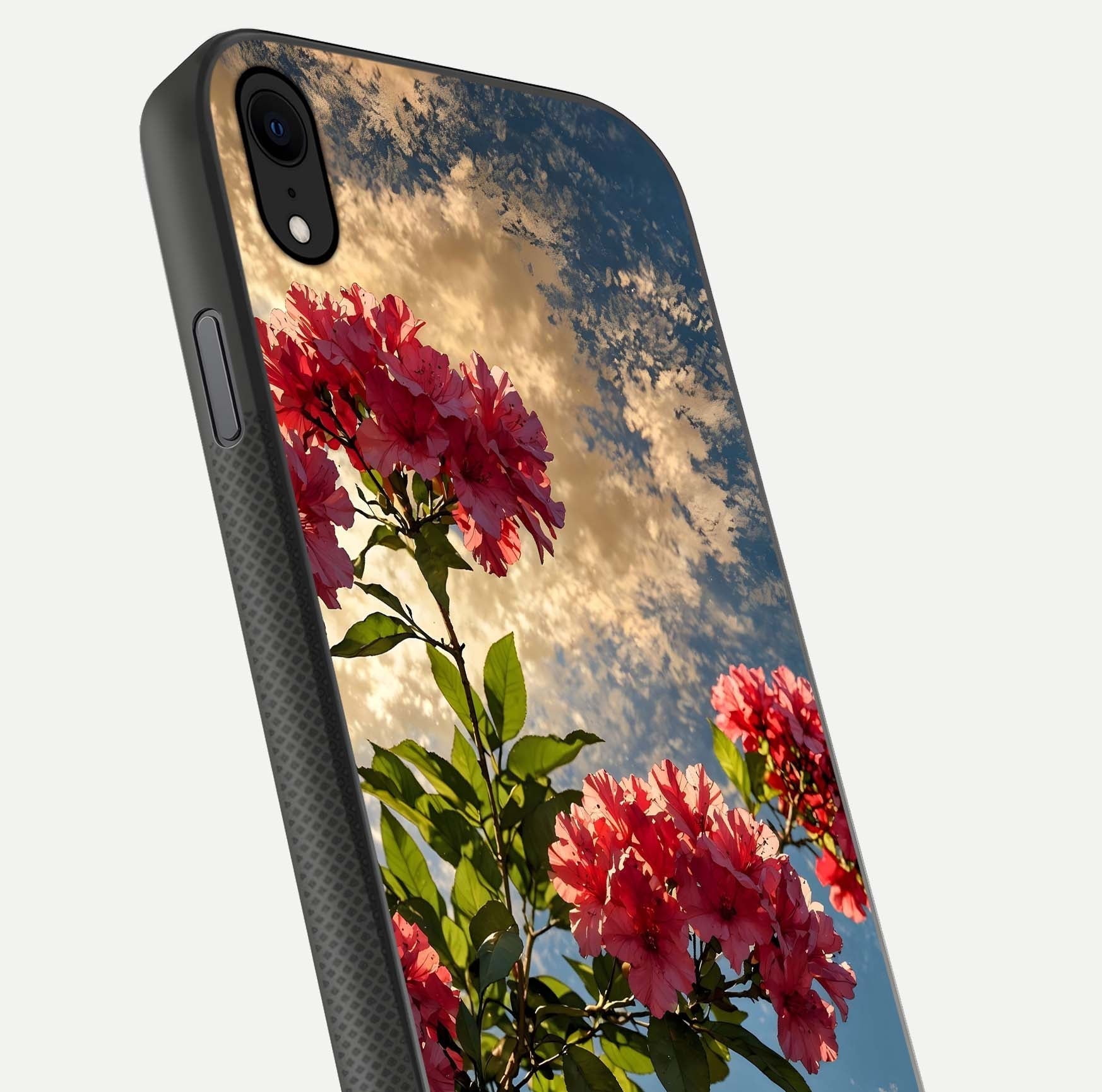 Red Bloom Skies Glass Case for iPhone Xr close-up angled shot highlighting detailed blooms and reflection