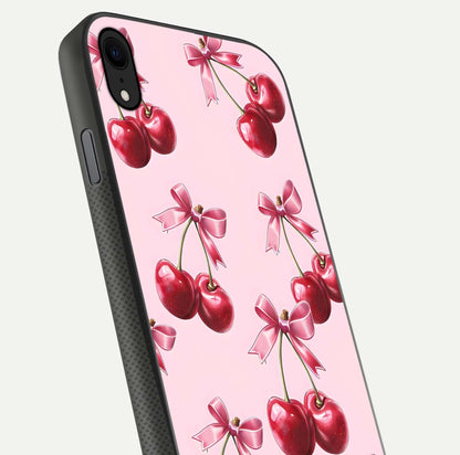 Red Cherries Pattern Glass Case for iPhone Xr close-up angled shot showing cherry details and HD reflection