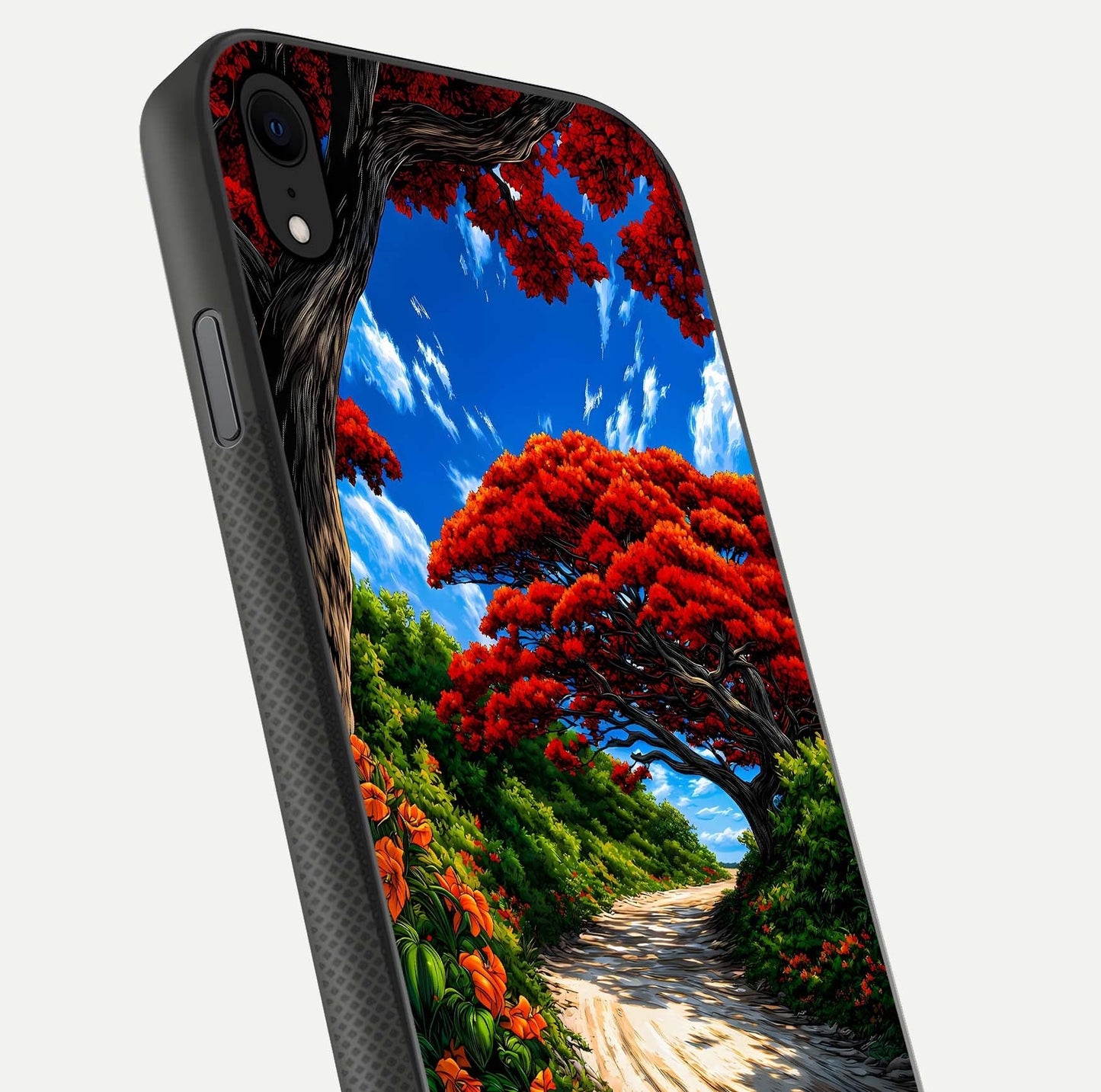 Red Trees Pathway Glass Case for iPhone Xr close-up angled shot highlighting forest detail and reflection