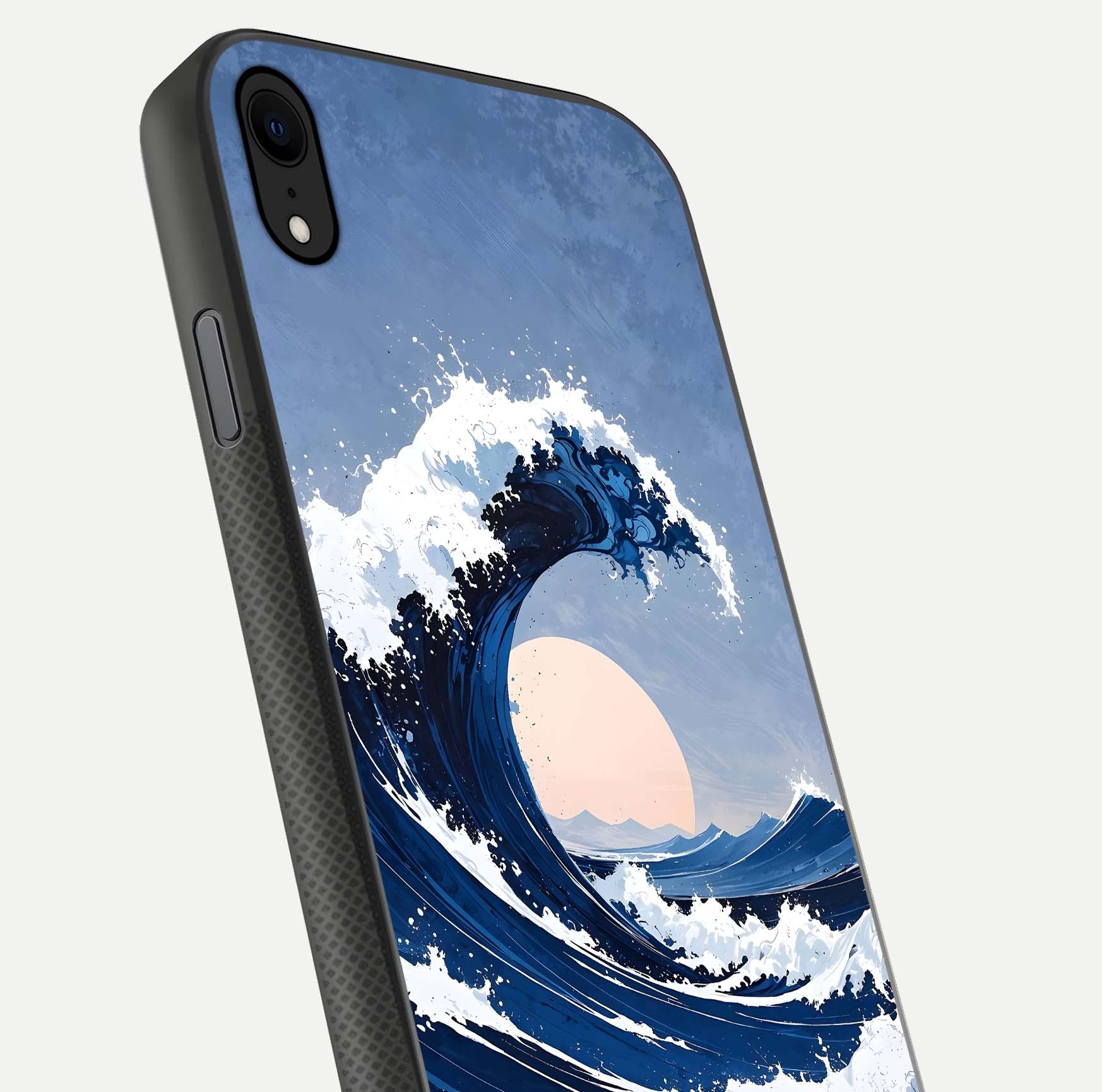 Rising Tide Power Glass Case for iPhone Xr close-up angled shot highlighting water motion and reflection