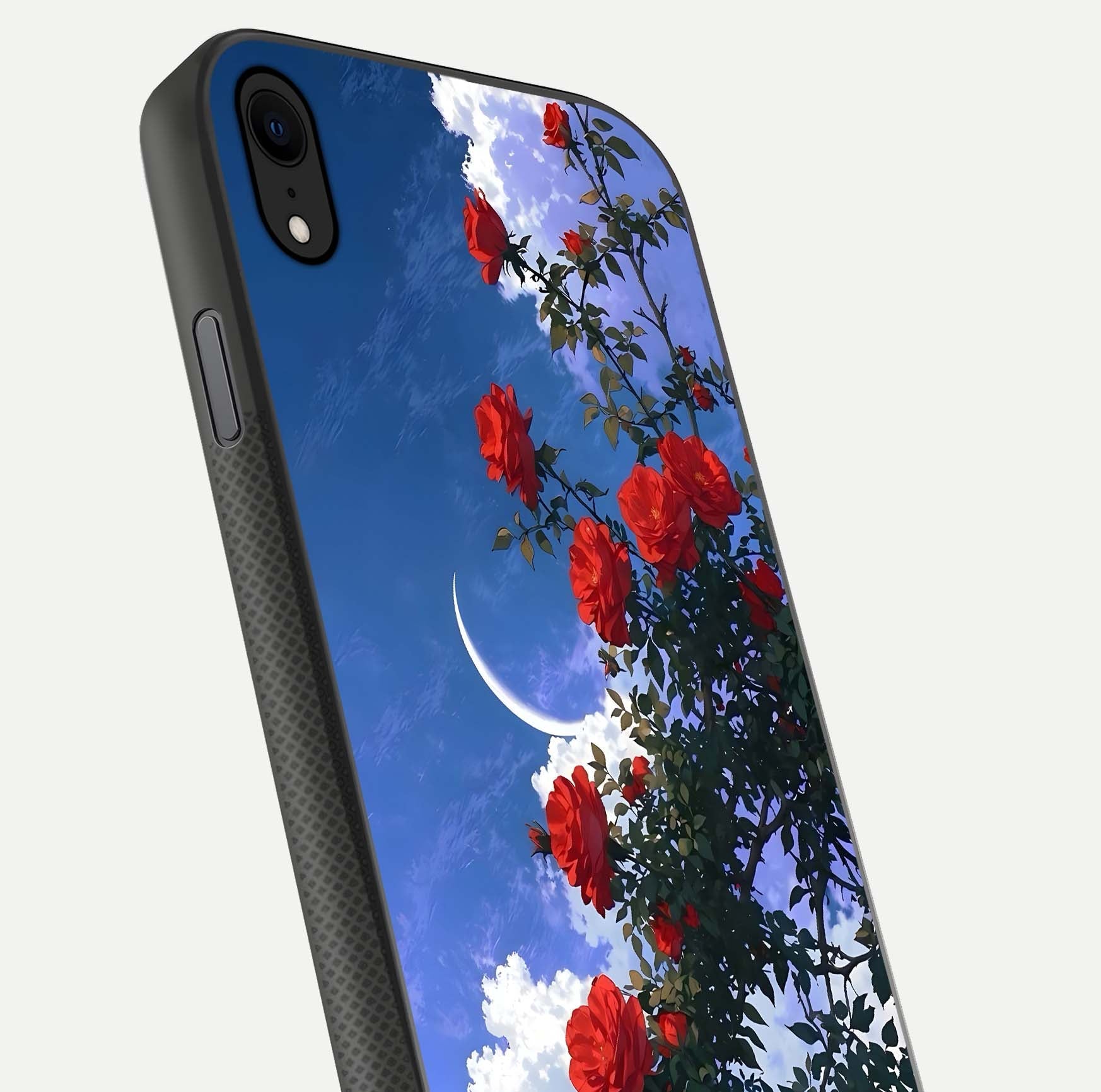 Rose Drift Flowers Glass Case for iPhone Xr close-up angled shot highlighting floral texture and reflection