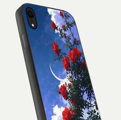 Rose Drift Flowers Glass Case for iPhone Xr close-up angled shot highlighting floral texture and reflection