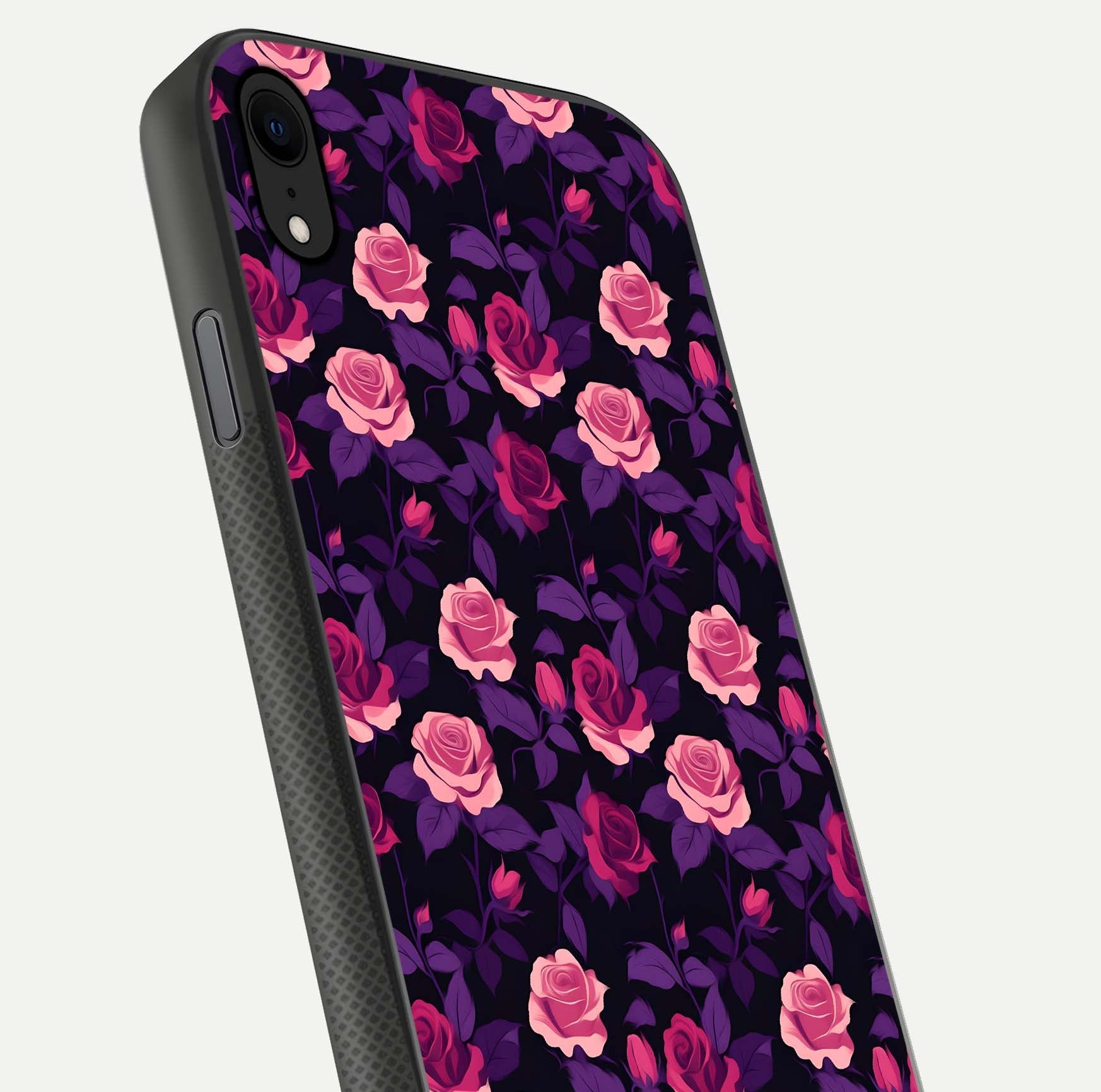 Rose Garden Twilight Glass Case for iPhone Xr close-up angled shot highlighting rose contrast and reflection
