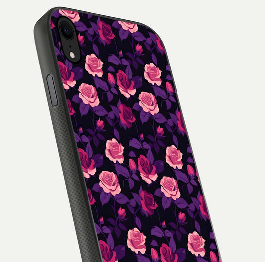 Rose Garden Twilight Glass Case for iPhone Xr close-up angled shot highlighting rose contrast and reflection