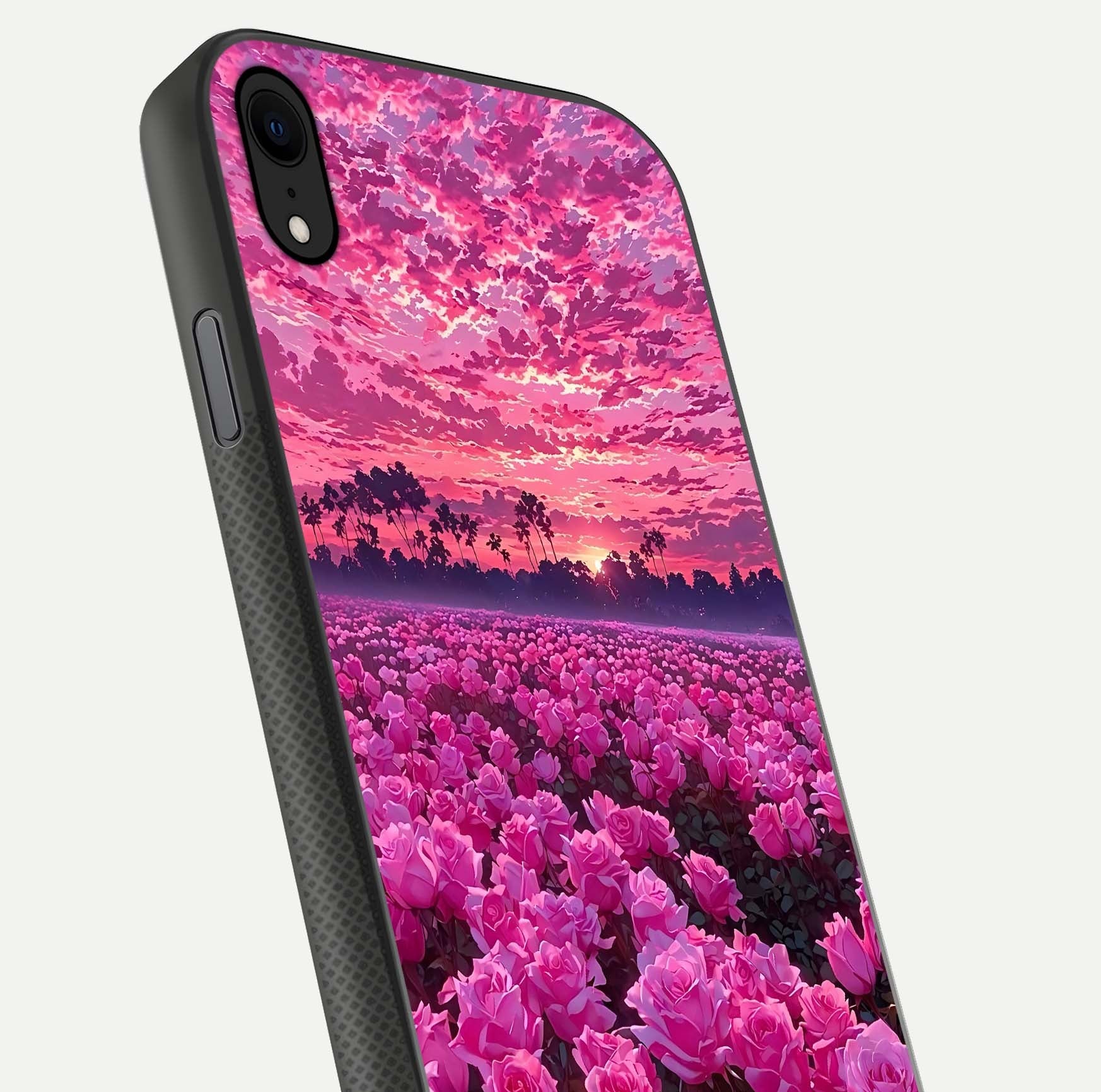 Rose Sunset Valley Glass Case for iPhone Xr close-up angled shot showing rose detailing and golden hues