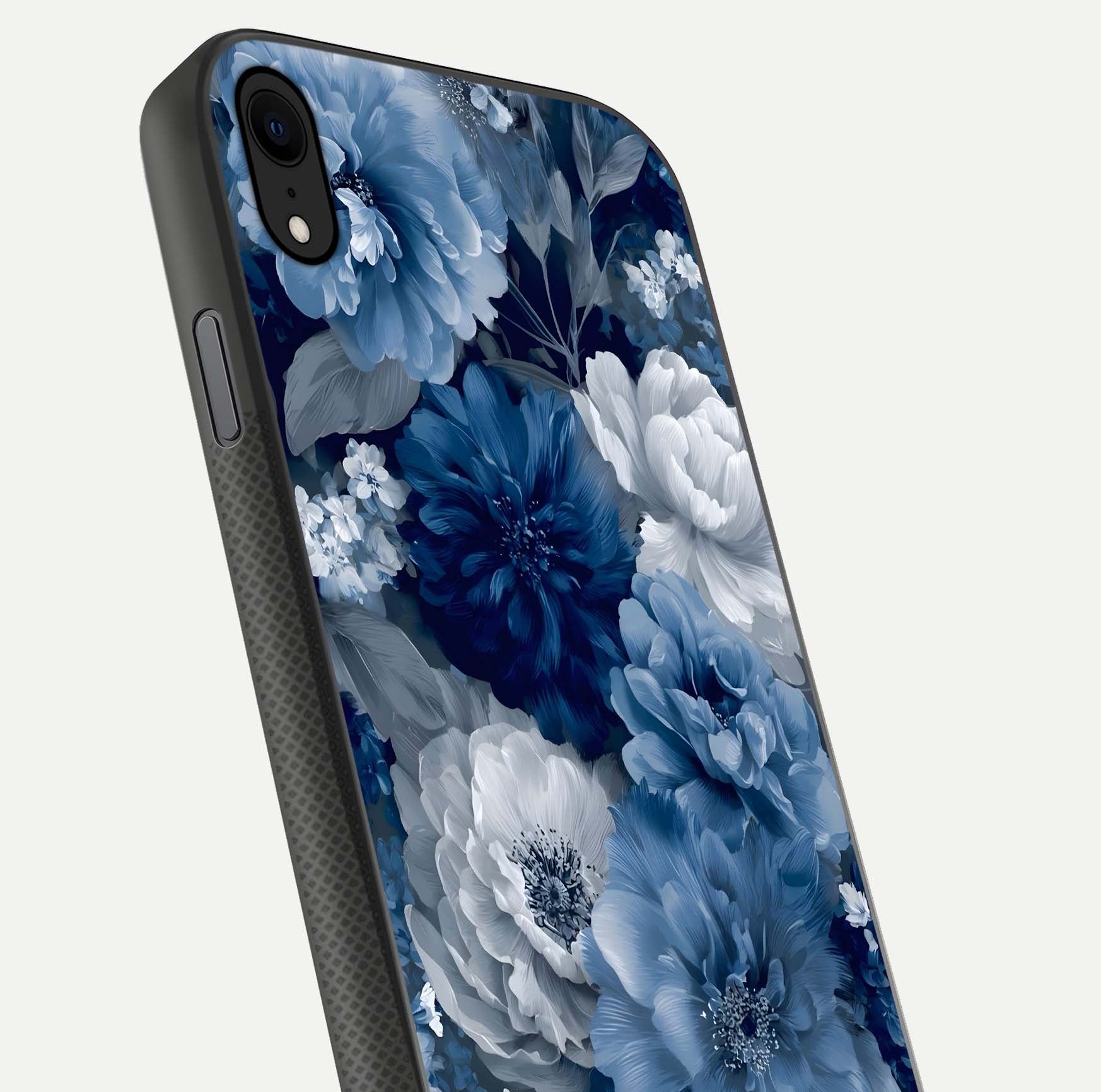 Royal Bloom Garden Glass Case for iPhone Xr close-up angled shot highlighting royal bloom texture and reflection
