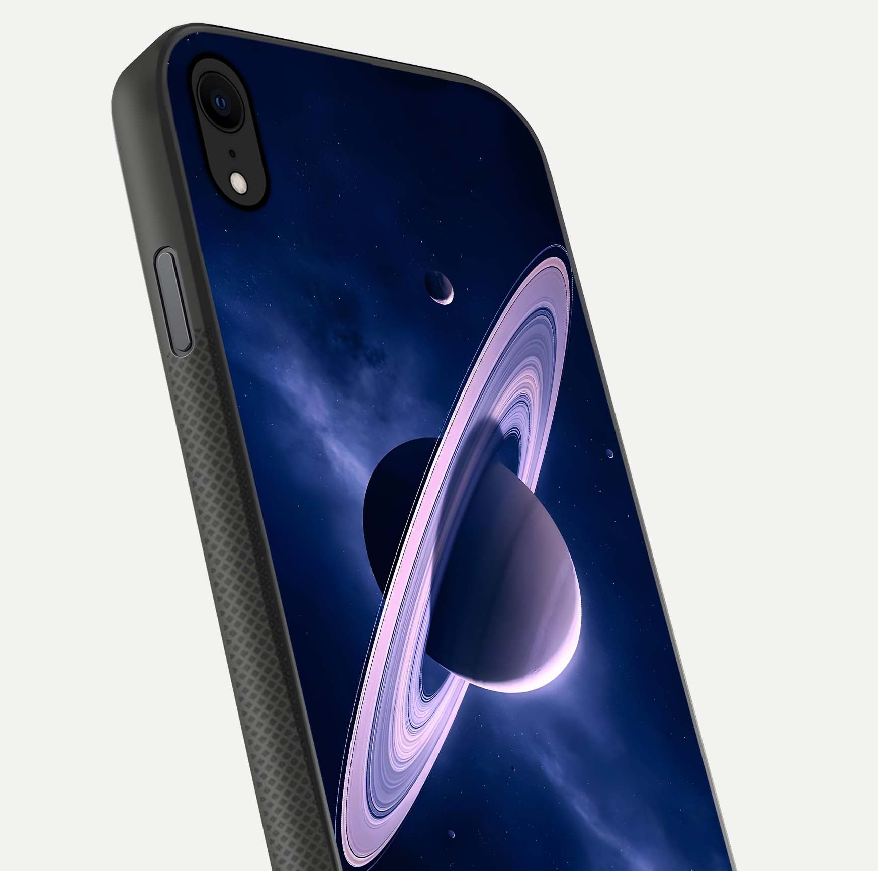 Saturn Ring Mystique Glass Case for iPhone Xr close-up angled shot highlighting ring detail and HD reflection