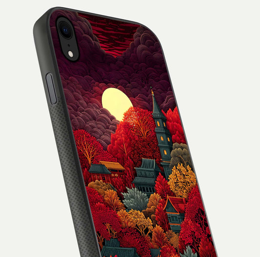 Scarlet Autumn Temple Glass Case for iPhone Xr close-up angled shot highlighting golden leaves and reflection