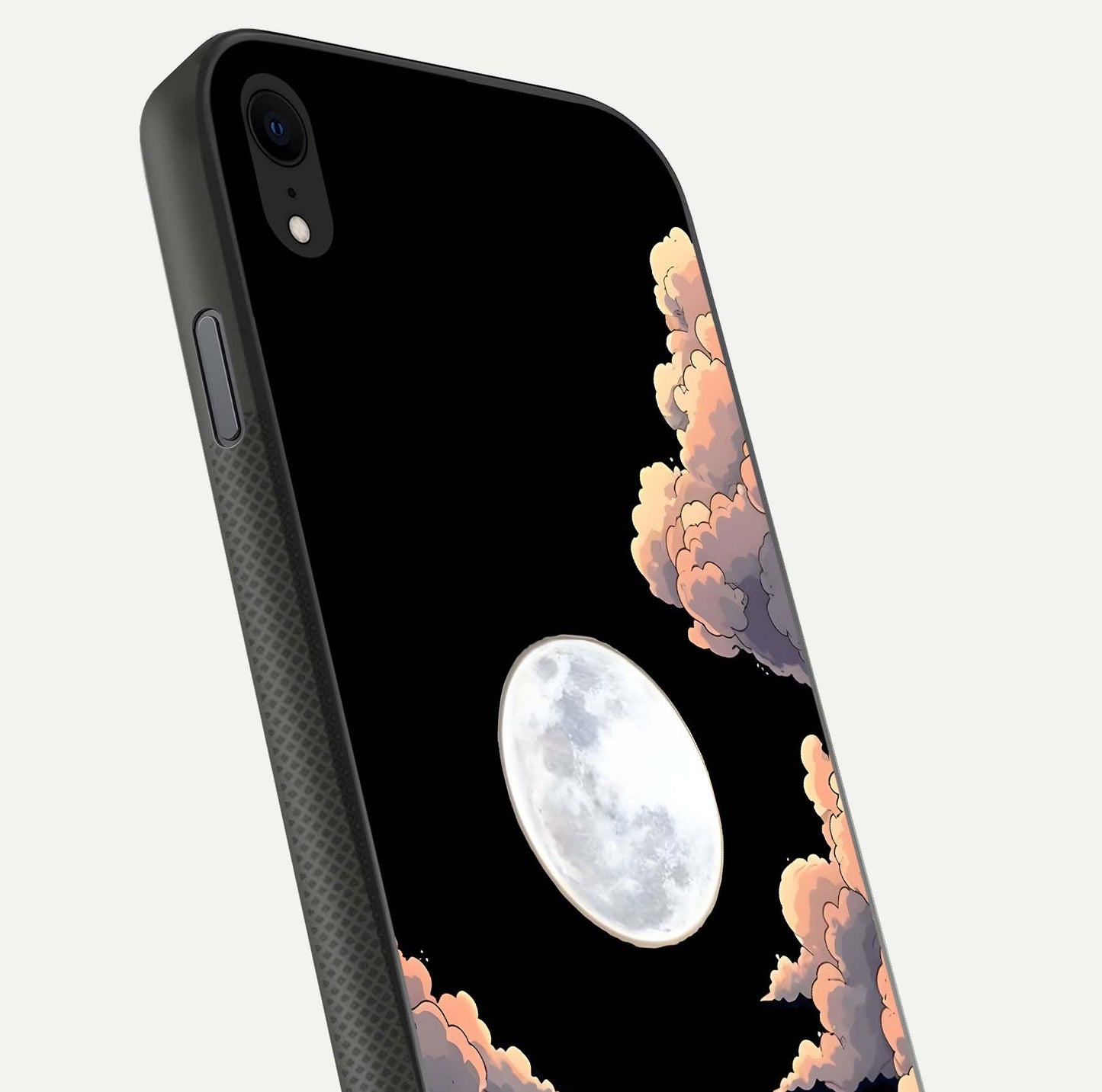 Shade Cloud Moon Glass Case for iPhone Xr close-up angled shot highlighting moon reflection and depth
