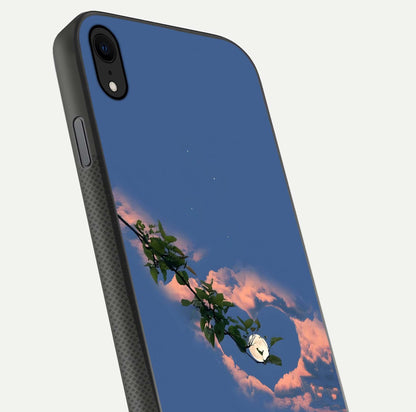 Sky Under Tree Glass Case for iPhone Xr close-up angled shot highlighting detail, color, and reflection