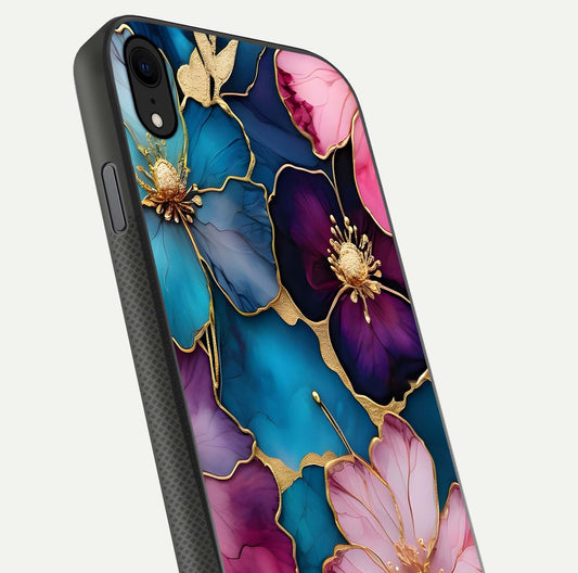 Sparkle Floral Glass Case for iPhone Xr close-up angled shot highlighting shimmer details and reflection