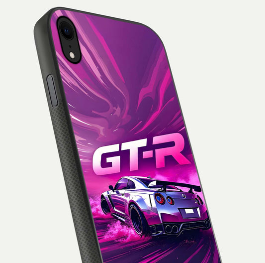 Speed Drift Legend Glass Case for iPhone Xr close-up angled shot highlighting speed lines and reflection