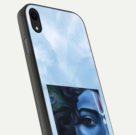 Spiritual Krishna Glass Case for iPhone 16 Pro close-up angled shot showing HD print, color tone, and reflection