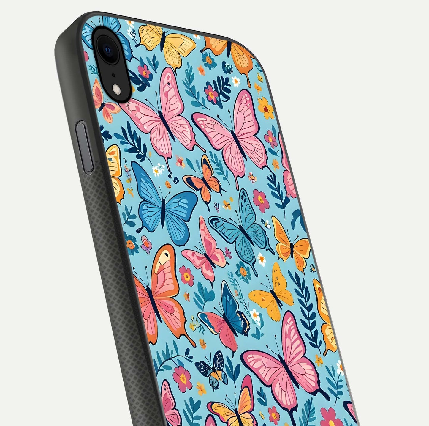 Spring Wing Garden Glass Case for iPhone Xr close-up angled shot highlighting petal details and reflection