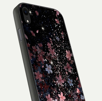 Starlit Flower Dreams Glass Case for iPhone Xr close-up angled shot highlighting petal reflection and HD depth