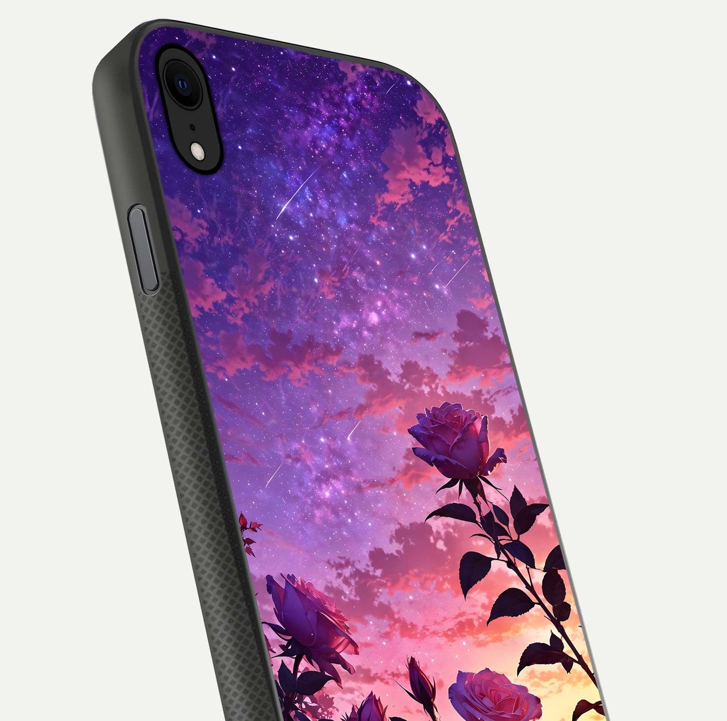 Starlit Rose Twilight Glass Case for iPhone Xr close-up angled shot highlighting rose detail and reflection